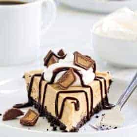 Peanut Butter Pie couldn't be easier or more delicious. Top it with mini peanut butter cups, whipped cream, and chocolate sauce for one seriously delicious dessert.