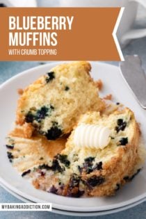 Halved blueberry crumb muffin topped with a pat of butter on a white plate. Text overlay includes recipe name.