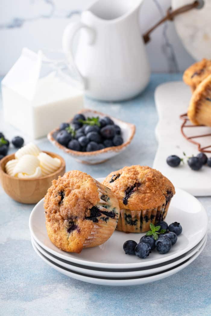 Two blueberry crumb muffins on a white plate next to fresh blueberries.