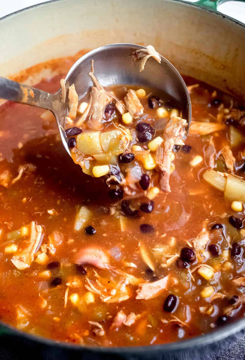 Ladle scooping a serving of tortilla soup out of a soup pot