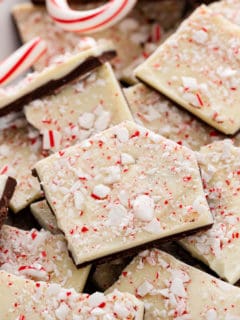 Close up of pieces of peppermint bark on a platter.