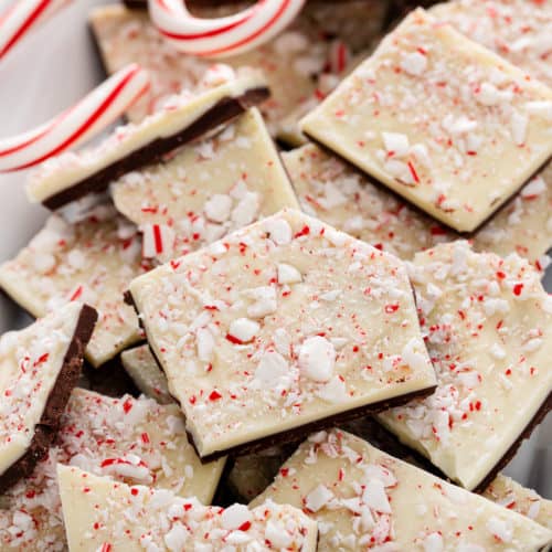 Close up of pieces of peppermint bark on a platter.