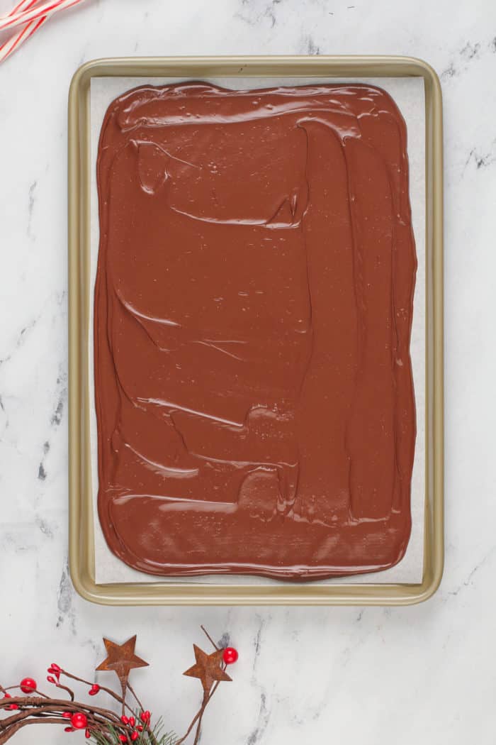 Dark chocolate spread into a thin layer on a parchment-lined baking sheet.