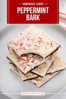 Stack of peppermint bark pieces on a white plate. The top piece has a bite taken from the corner. Text overlay includes recipe name.