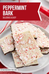 Pieces of peppermint bark arranged on a white plate. Text overlay includes recipe name.