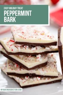 Pieces of peppermint bark stacked on a white plate. Text overlay includes recipe name.