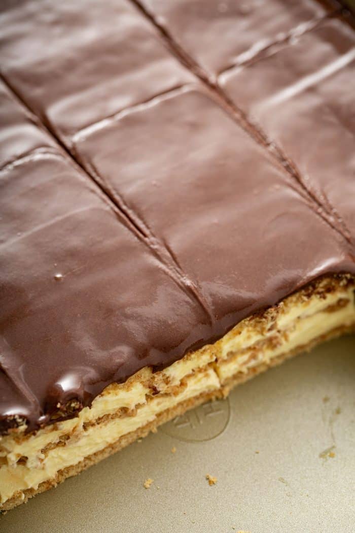 Close up of sliced eclair cake