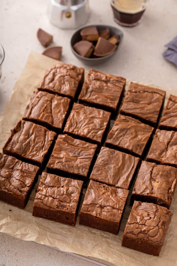 Pan of peanut butter cup brownies cut into squares.
