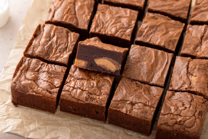Sliced peanut butter cup brownies, with one brownie turned to show the cut side.