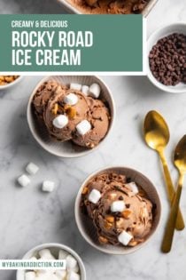 Two white bowls filled with rocky road ice cream and surrounded with bowls of nuts, chocolate chips, and mini marshmallows. Text overlay includes recipe name.
