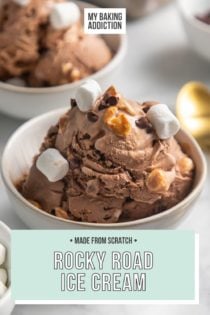 Close up of scoops of rocky road ice cream topped with mini marshmallows and nuts in a white bowl. Text overlay includes recipe name.