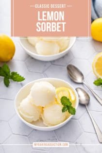 Two white bowls, each filled with several scoops of lemon sorbet, set on a white tile countertop. Text overlay includes recipe name.