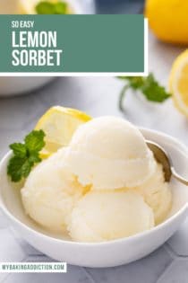 Spoon nestled into several scoops of lemon sorbet in a white bowl. Text overlay includes recipe name.
