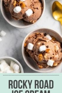 Two white bowls filled with rocky road ice cream. Text overlay includes recipe name.