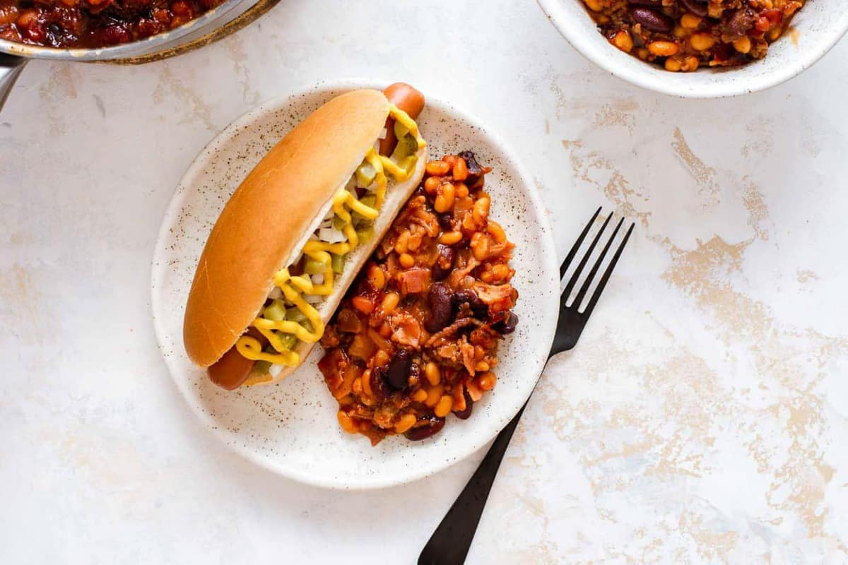 Plate with a hot dog and old fashioned baked beans