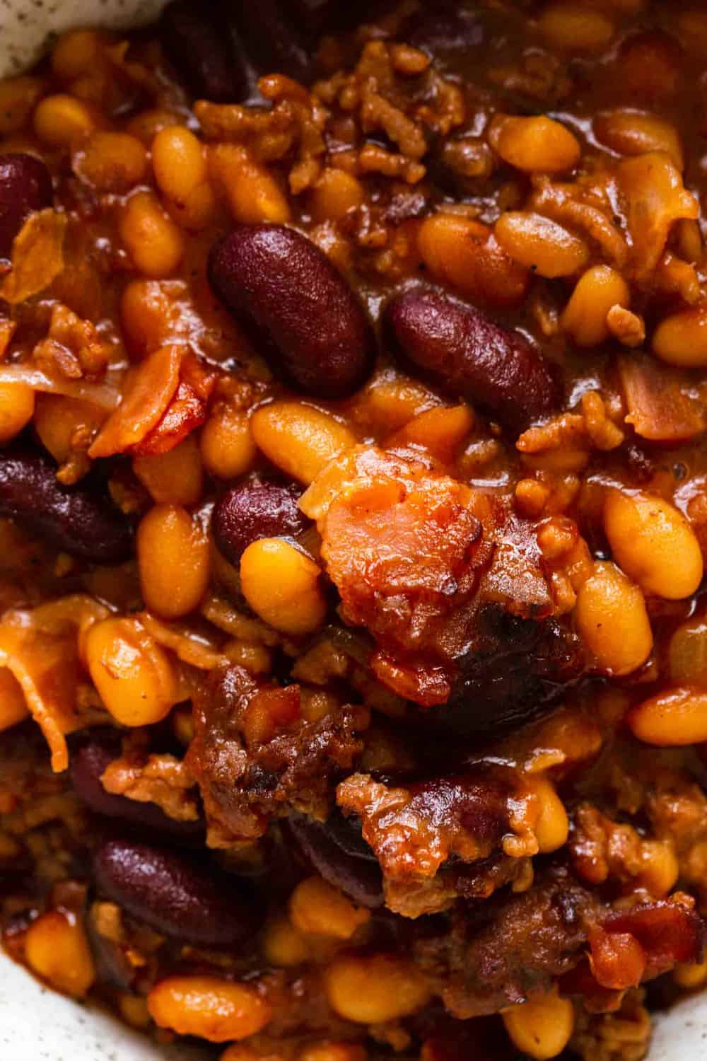 Close-up view of old fashioned baked beans with bacon and ground beef