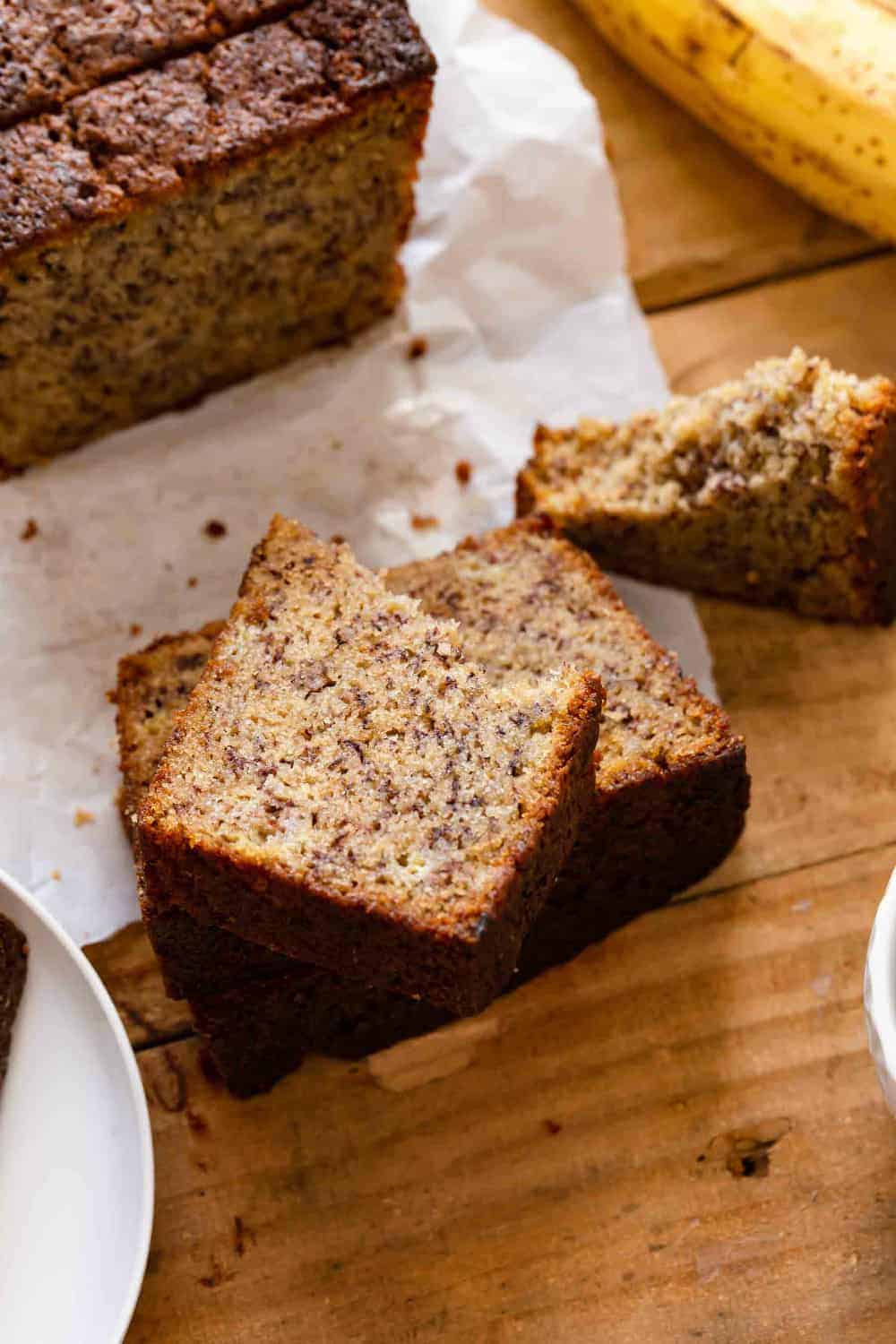 Dominique Ansel's banana bread recipe, sliced and ready to serve