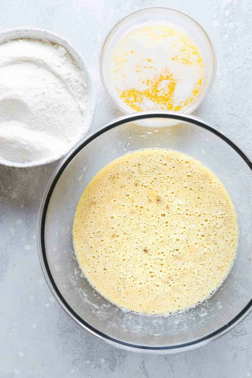Banana bread ingredients in bowls