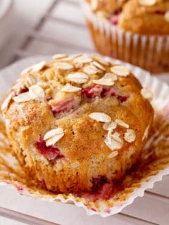 Unwrapped strawberry banana muffin.