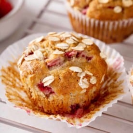 Unwrapped strawberry banana muffin.