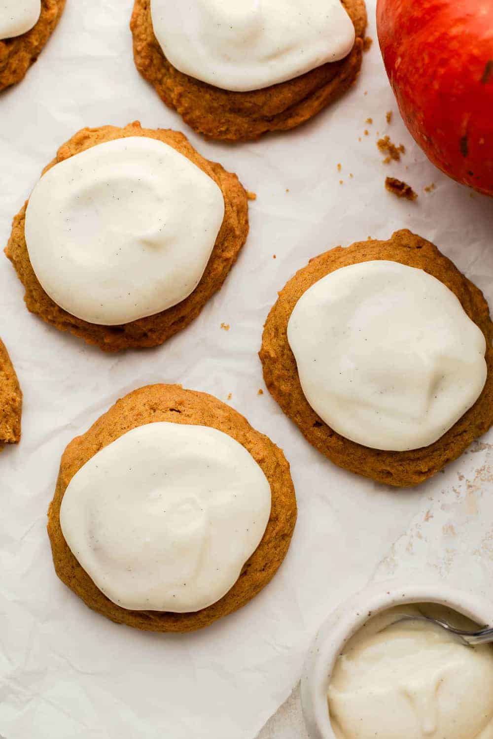 Soft and cakey pumpkin cookies frosted with cream cheese frosting
