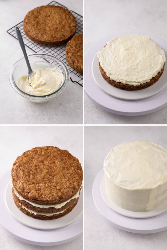 Set of four photos showing a layered carrot cake being assembled and covered in cream cheese frosting.