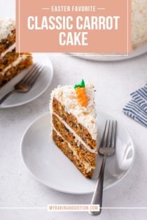 Slice of carrot cake decorated with coconut and an icing carrot next to a fork on a white plate. Text overlay includes recipe name.