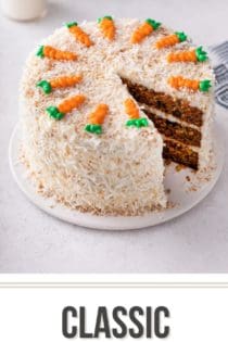 Carrot cake covered in coconut and decorated with icing carrots with one slice removed. TExt overlay includes recipe name.