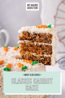 Cake server pulling a slice of carrot cake out of the whole cake. Text overlay includes recipe name.