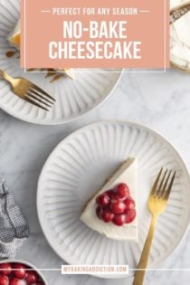 Two white plates with slices of no-bake cheesecake, one topped with caramel sauce and the other topped with cherry pie filling. Text overlay includes recipe name.