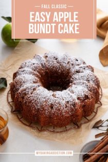Easy apple bundt cake cooling on a wire rack and dusted with powdered sugar. Text overlay includes recipe name.