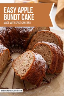 Sliced easy apple bundt cake on a piece of parchment paper. Text overlay includes recipe name.