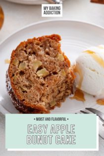 Plated slice of easy apple bundt cake with a bite taken from the corner of the slice. Text overlay includes recipe name.