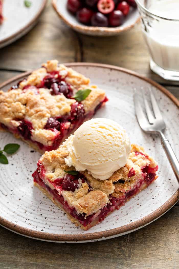 Two cranberry crumb bars on a plate. One of the bars is topped with a scoop of vanilla ice cream