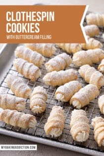 Clothespin cookies dusted with powdered sugar arranged on a wire rack over a rimmed baking sheet. Text overlay includes recipe name.