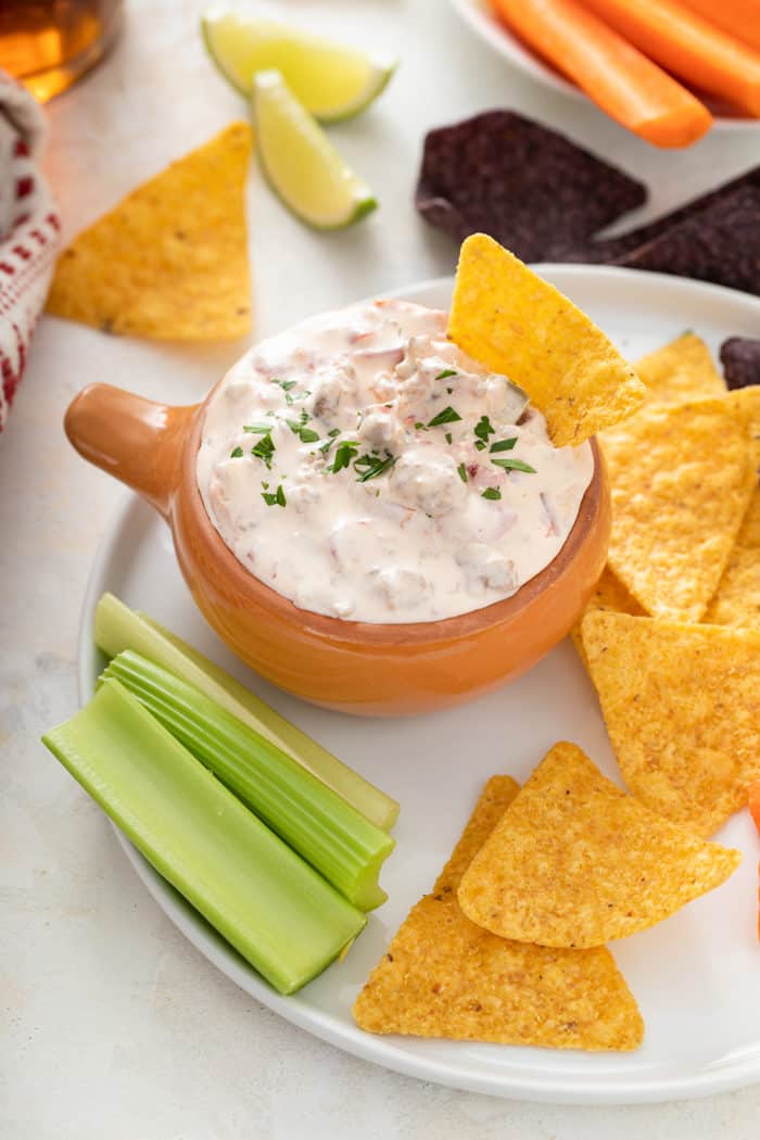 small bowl of spicy sausage dip on a plate next to celery sticks and tortilla chips