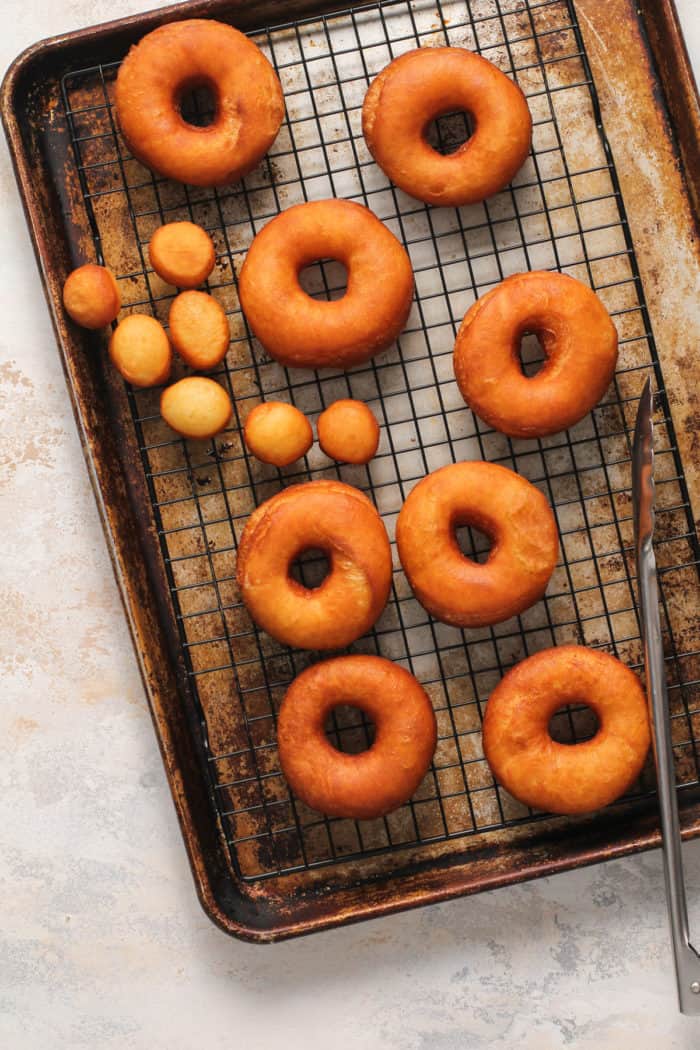 Freshly fried doughnuts resting on a wire rack to cool.