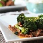 Close up of broccoli beef on a plate