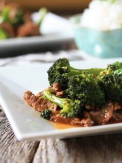 Close up of broccoli beef on a plate
