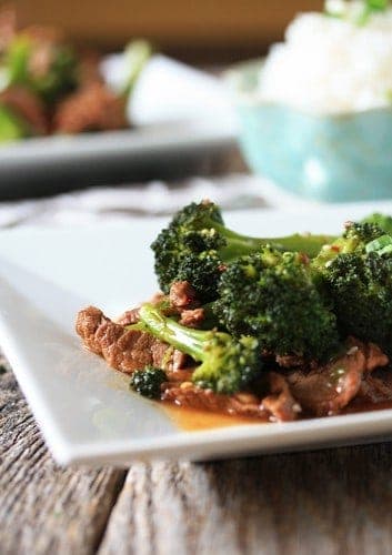 Close up of broccoli beef on a plate