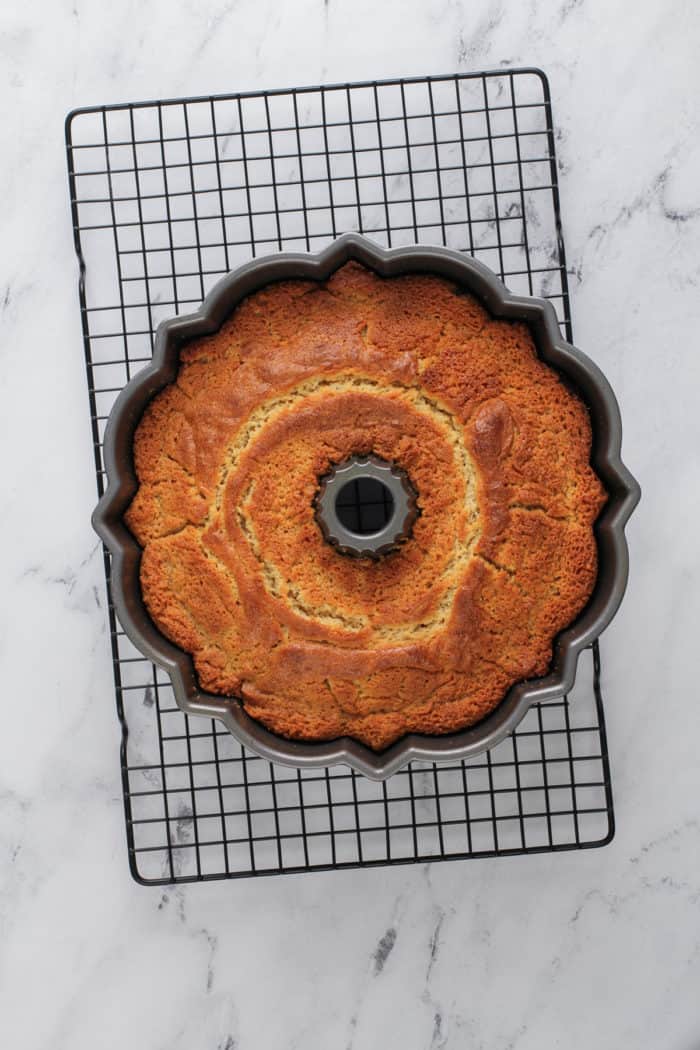 Baked lemon-blueberry bundt cake in a bundt pan, set on a wire cooling rack.