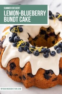 Baked lemon-blueberry bundt cake topped with cream cheese glaze and garnished with lemon zest and whole blueberries. Text overlay includes recipe name.