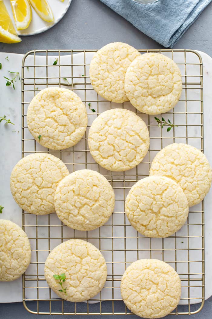 Overhead view of chewy lemon sugar cookies on a wire cooling rack