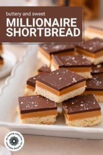Slices of millionaire shortbread arranged on a white platter. Text overlay includes recipe name.
