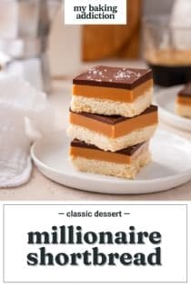 Three slices of millionaire shortbread stacked on a white plate. Text overlay includes recipe name.
