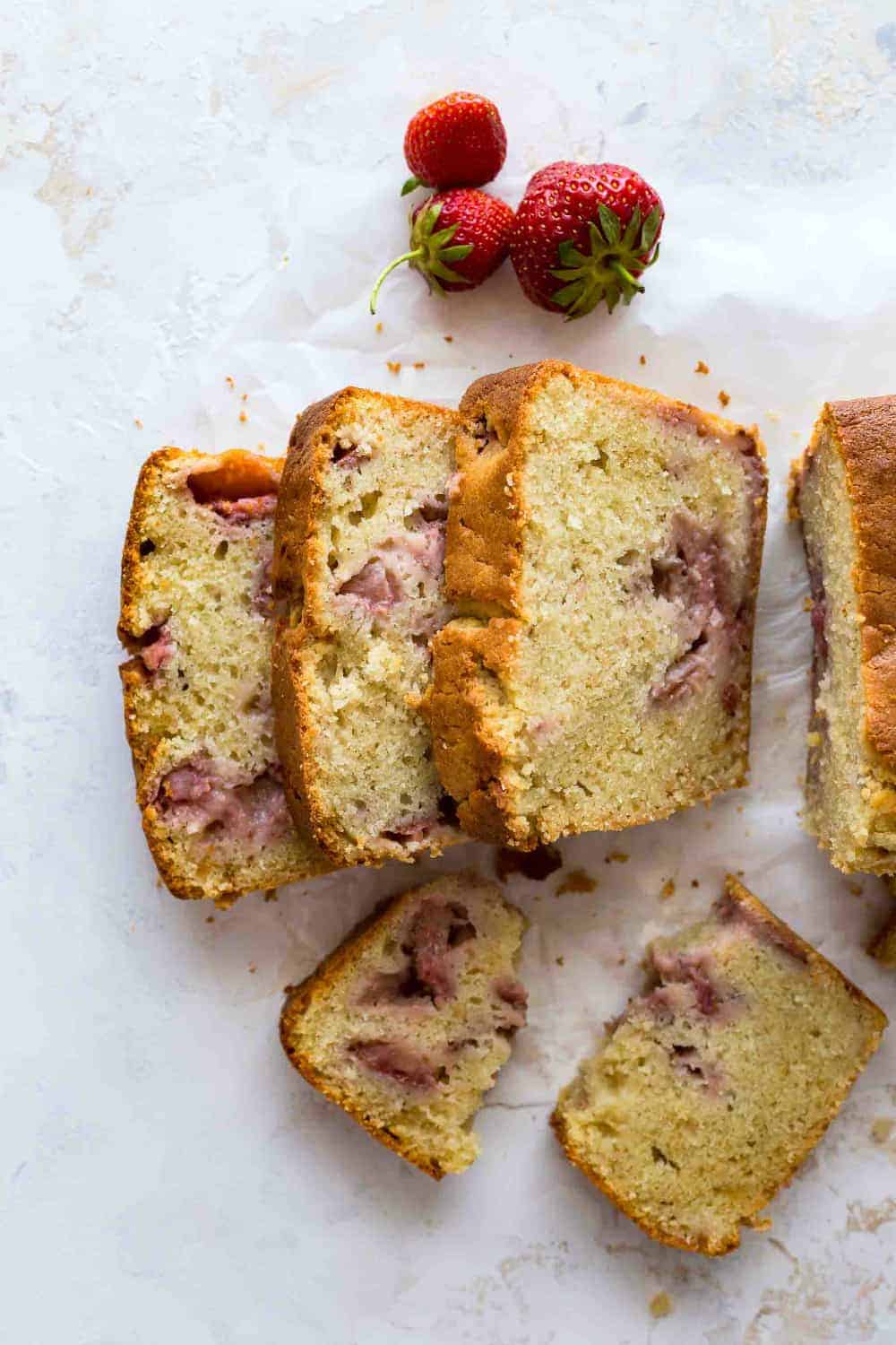 Overhead view of sliced fresh strawberry bread