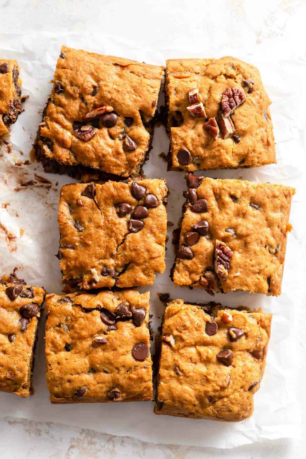 Freshly baked and sliced pumpkin blondies overhead view