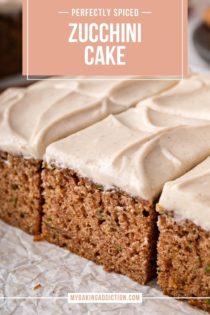 Side view of sliced zucchini cake with maple cream cheese frosting. Text overlay includes recipe name.
