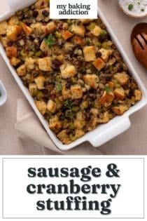 Baked sausage and cranberry stuffing. Text overlay includes recipe name.