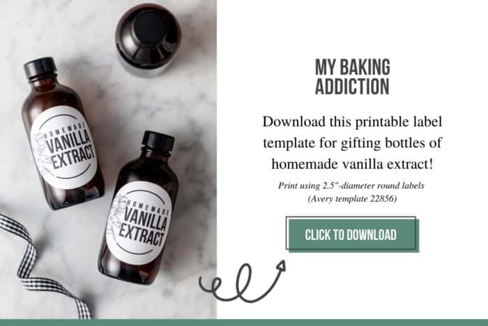 Graphic with an image of two labeled bottles of vanilla extract and text that reads to click the image to download the free printable template for the bottle labels.